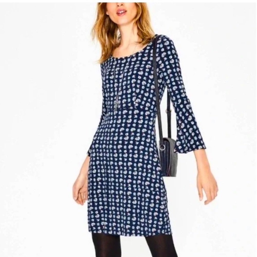 Boden Navy and White Floral Long Sleeve Dress